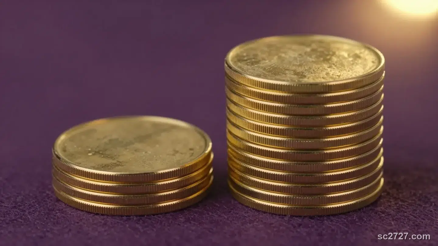深紫色絨布上兩疊側面朝向鏡頭、表面全空白沒有任何圖案的金色圓片,一疊很矮一疊很高,暖金聚光——對比今彩539 肆獎與參獎的金額落差