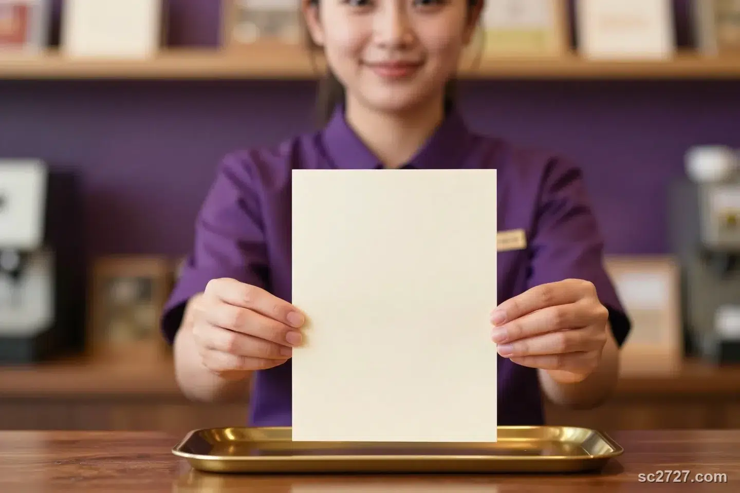 穿深紫色制服的女店員在櫃檯後雙手遞出一張空白米白色紙券,櫃檯上有金色托盤——象徵今彩539 必須臨櫃付款取得實體彩券