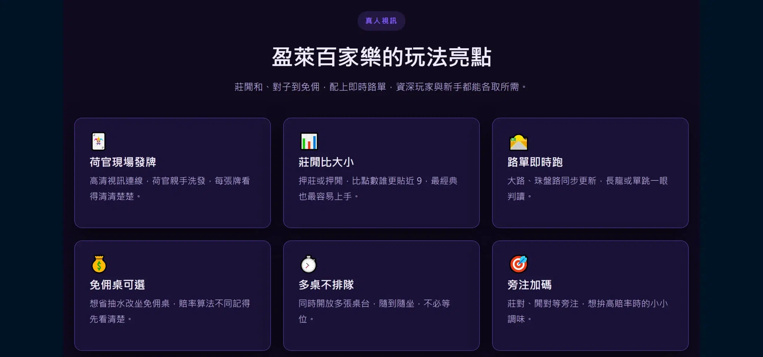 盈萊娛樂城真人百家樂頁面的玩法亮點六張卡片,包含荷官現場發牌、莊閒比大小、路單即時跑、免佣桌可選、多桌不排隊與旁注加碼
