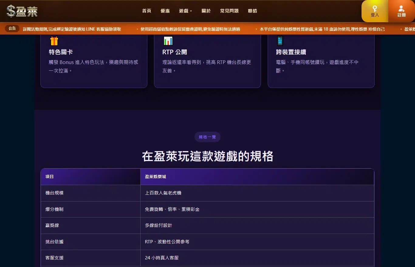 盈萊娛樂城電子遊戲頁面畫面,RTP 公開卡片寫著理論返還率看得到,下方規格表列出機台規模與挑台依據